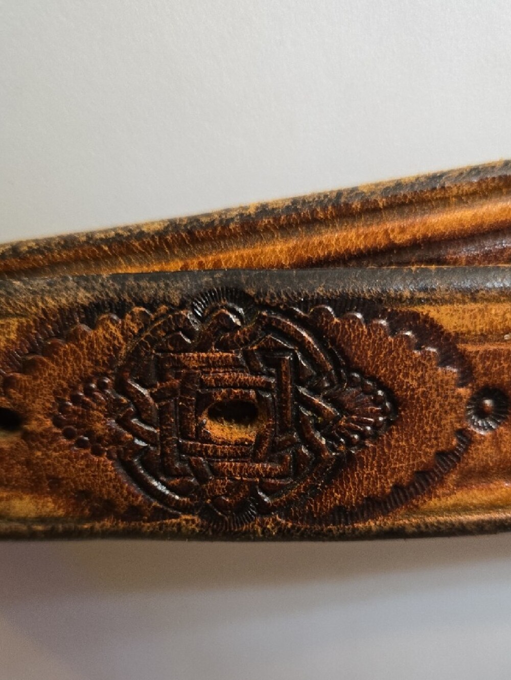 Vintage Tooled Brown Leather Belt with Brass Buckle - Picture 2 of 5